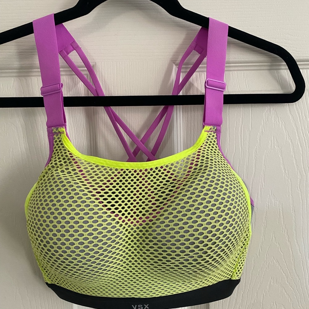 NEW VSX Neon Yellow Mesh Sports Bra with Pink Strappy Back